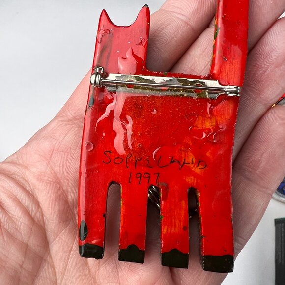 VINTAGE 1997 Mark Soppeland Signed SCARY CAT Brooch, Artisan Hand Made Folk Art - Picture 3 of 5